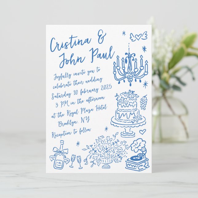 Whimsical Hand Drawn Doodles French Style Wedding Invitation (Standing Front)