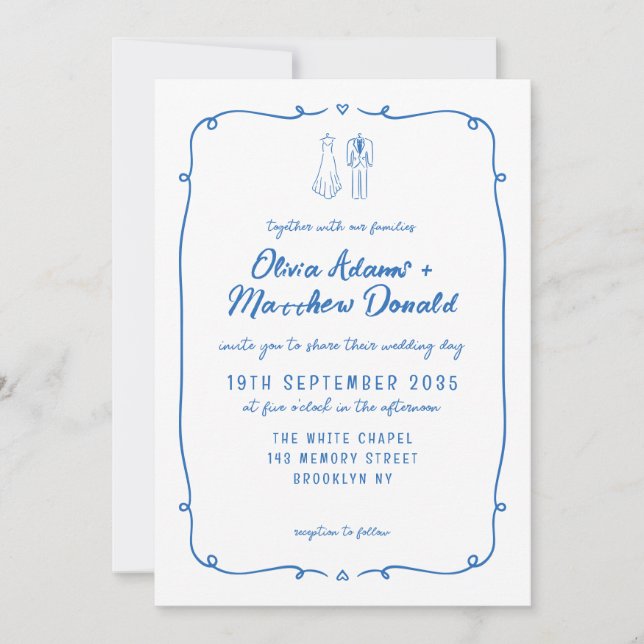 Whimsical Hand Drawn Doodles French Style Wedding Invitation (Front)
