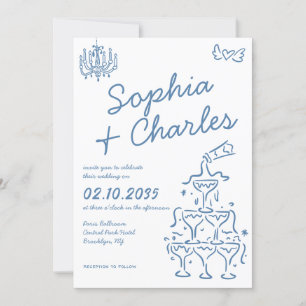 Whimsical Hand Drawn Doodles Photo QR Wedding Invitation
