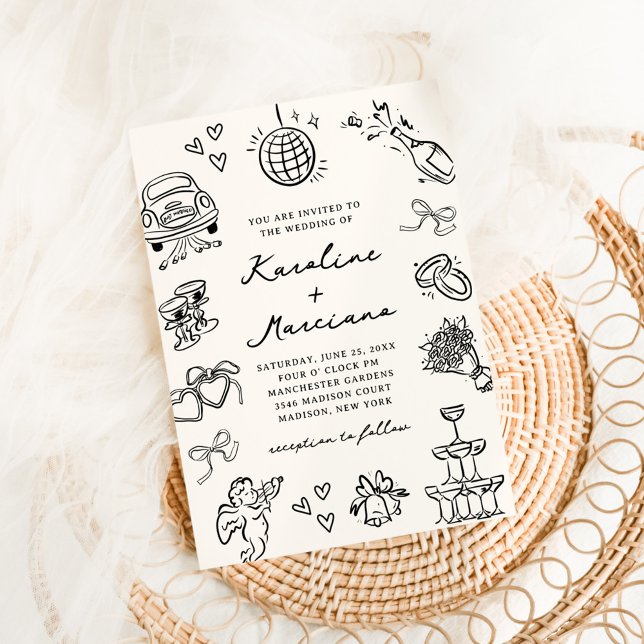 Whimsical Hand Drawn Doodles Wedding Invitation (Creator Uploaded)