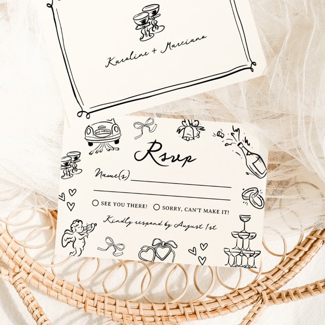 Whimsical Hand Drawn Doodles Wedding RSVP Invitation (Creator Uploaded)
