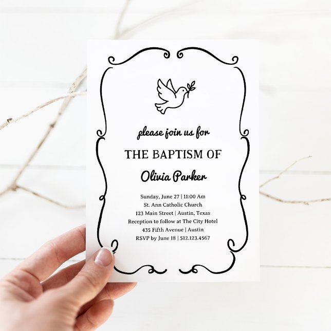Whimsical Hand-Drawn Dove | Baptism Invitation (Creator Uploaded)