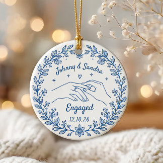 Whimsical Hand Drawn Engagement Ceramic Ornament