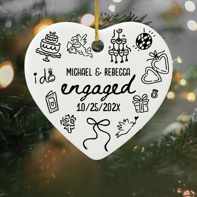 Whimsical Hand Drawn Engagement Christmas Ceramic Tree Decoration (Newly Engaged Christmas Ornament)