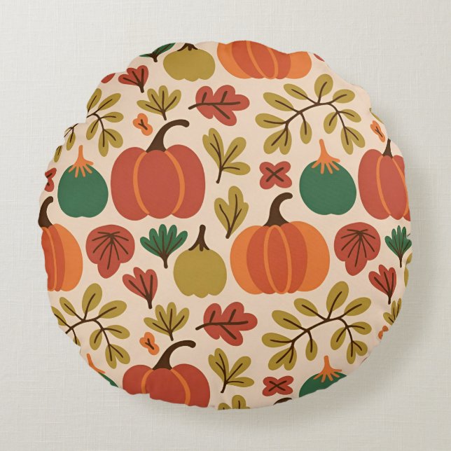Whimsical Hand-Drawn Fall Halloween Pumpkin Seamle Round Cushion (Front)
