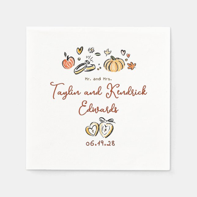 Whimsical Hand Drawn Fall Love Wedding Napkins (Front)