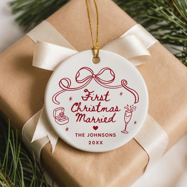 Whimsical Hand Drawn  First Christmas Married Ceramic Tree Decoration (Creator Uploaded)