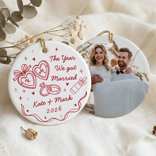 Whimsical Hand Drawn First Christmas Married Ceramic Tree Decoration (Creator Uploaded)