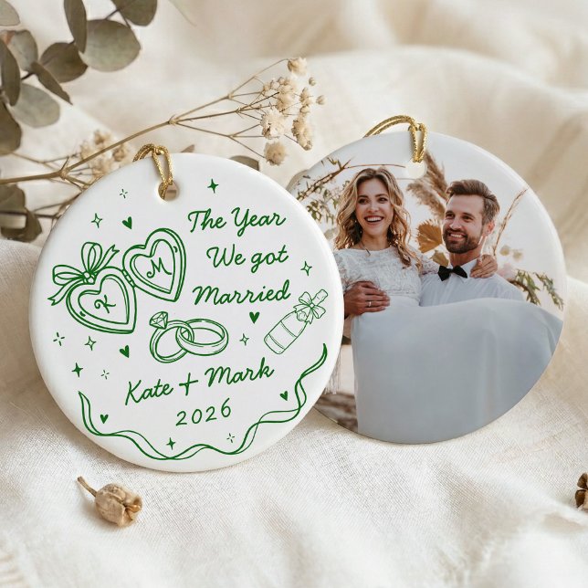 Whimsical Hand Drawn First Christmas Married Ceramic Tree Decoration (Creator Uploaded)