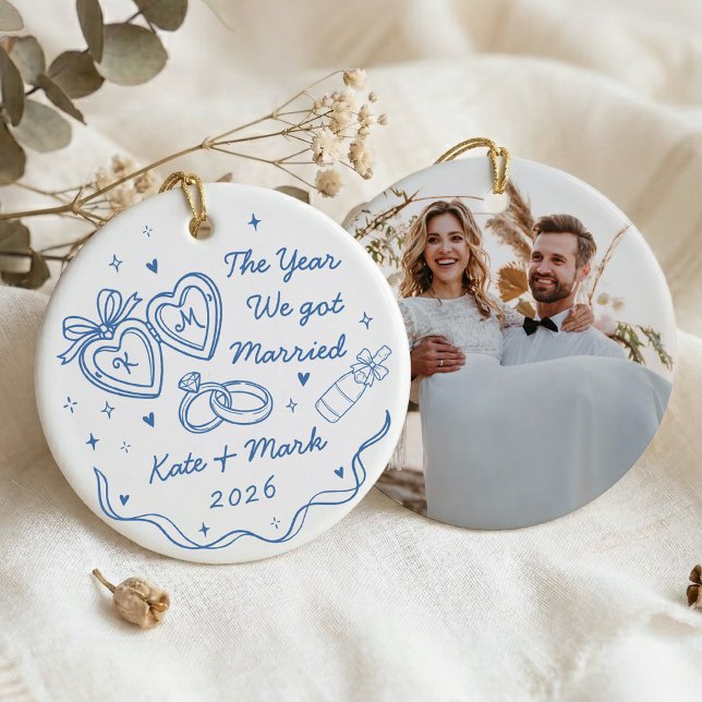 Whimsical Hand Drawn First Christmas Married Ceramic Tree Decoration (Creator Uploaded)