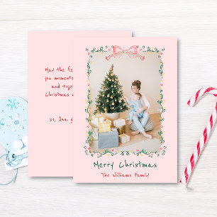 Whimsical Hand Drawn Floral Bow Christmas 1 Photo Holiday Card