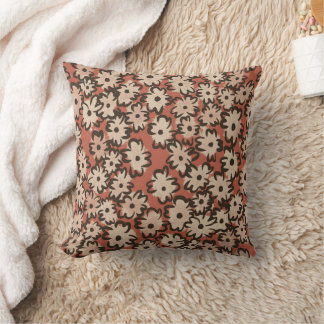 Whimsical Hand Drawn Floral in Rust Brown Cushion