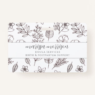 Whimsical Hand Drawn Floral On Pink Doula Badge ID Badge