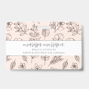 Whimsical Hand Drawn Floral On Pink Doula Badge ID Badge