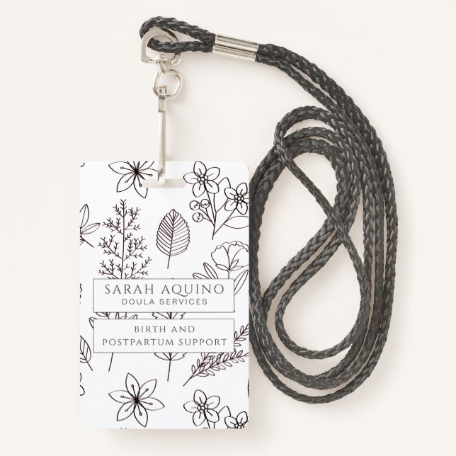 Whimsical Hand Drawn Floral On White Doula ID Badge (Front with Lanyard)