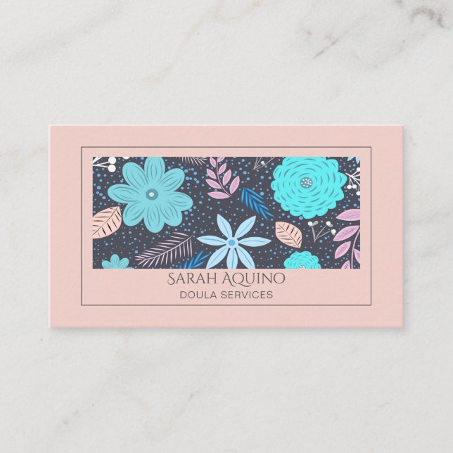 Whimsical Hand Drawn Floral Pink Turquoise Doula Business Card (Front)