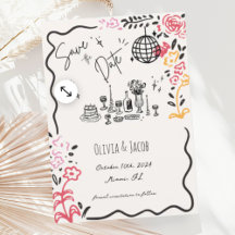 Whimsical Hand Drawn Floral Scribble Wavy Wedding