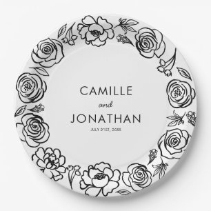 Whimsical Hand Drawn Floral Wedding Paper Paper Plate