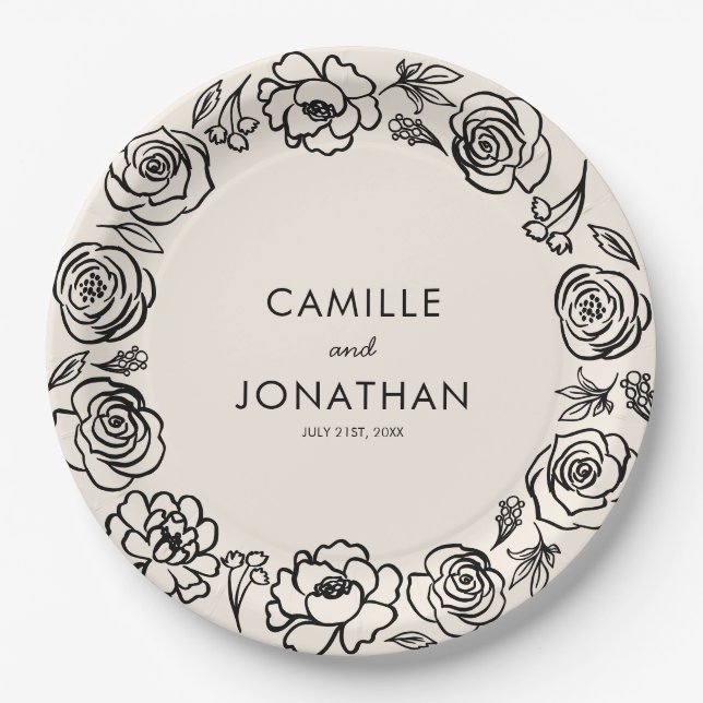 Whimsical Hand Drawn Floral Wedding Paper  Plate (Front)