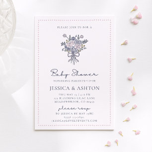 Whimsical hand-drawn flowers and frame baby shower invitation