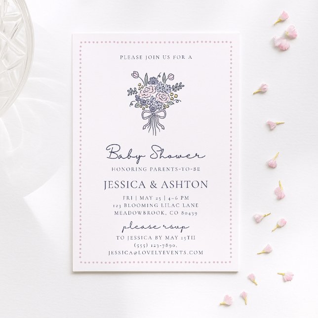Whimsical hand-drawn flowers and frame baby shower invitation (Creator Uploaded)