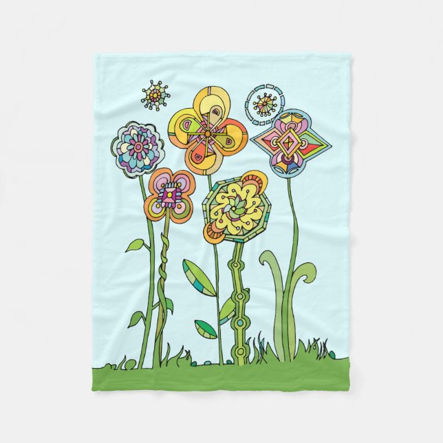 Whimsical, hand drawn flowers fleece blanket (Front)