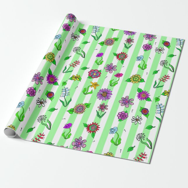 Whimsical Hand Drawn Flowers Wrapping Paper (Unrolled)