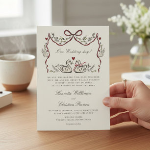 whimsical hand drawn formal Swans Wedding Invitation