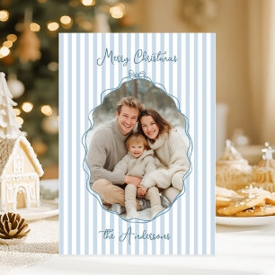 Whimsical Hand Drawn Frame Blue Stripes Holiday Card