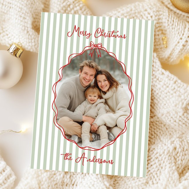 Whimsical Hand Drawn Frame Sage Stripes Holiday Card (Creator Uploaded)