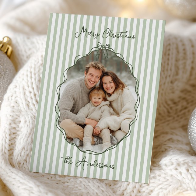 Whimsical Hand Drawn Frame Sage Stripes Holiday Card (Creator Uploaded)