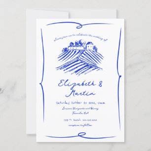Whimsical Hand Drawn French Blue Winery Wedding Invitation