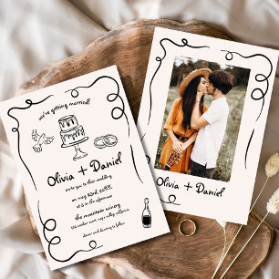 Whimsical Hand Drawn French Photo Black Wedding Invitation