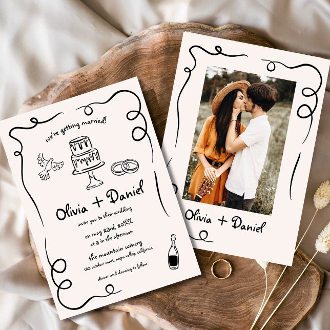 Whimsical Hand Drawn French Photo Black Wedding Invitation (Creator Uploaded)