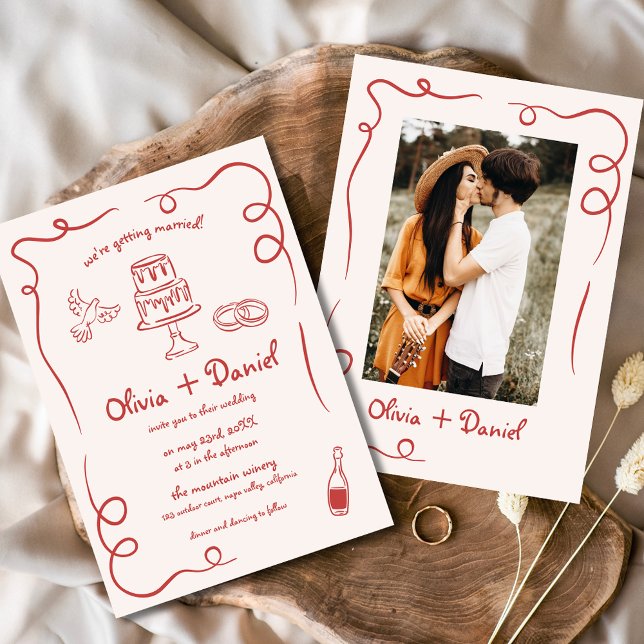 Whimsical Hand Drawn French Photo Red Wedding Invitation (Creator Uploaded)