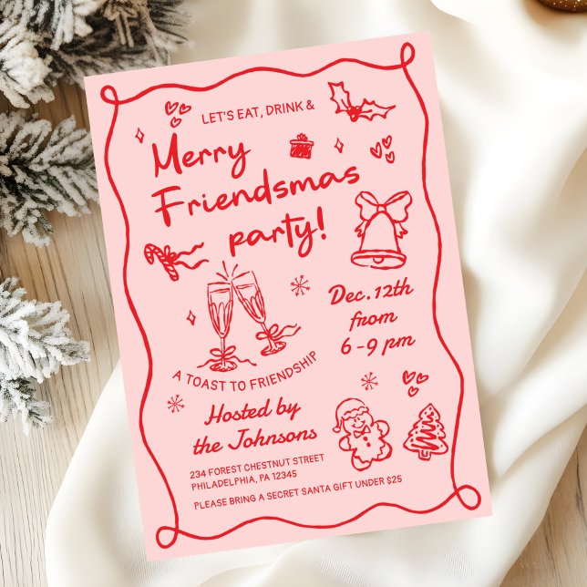 Whimsical Hand Drawn Friendsmas Christmas Party Invitation (Creator Uploaded)