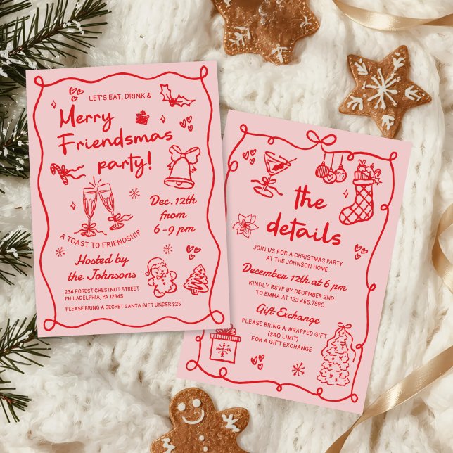 Whimsical Hand Drawn Friendsmas Christmas Party Invitation (Creator Uploaded)