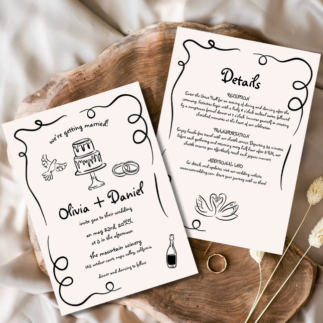 Whimsical Hand Drawn Funky Details Wedding Invitation (Creator Uploaded)