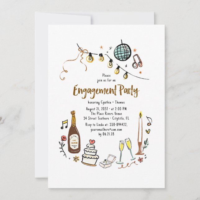 Whimsical Hand Drawn Funky Engagement Party Invitation (Front)