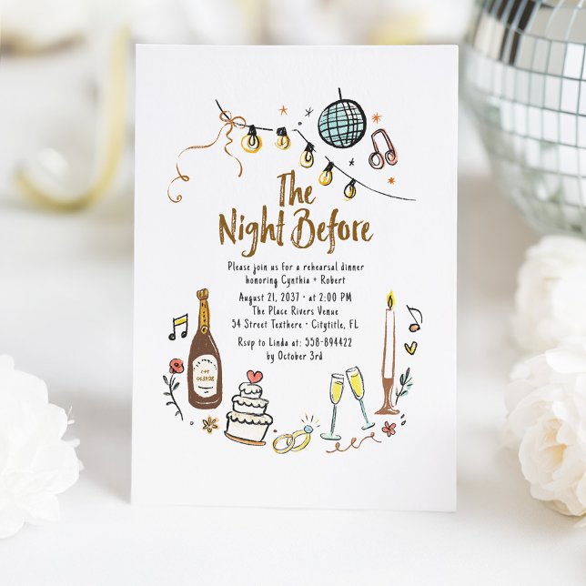 Whimsical Hand Drawn Funky Rehearsal Dinner Invitation (The Night Before Whimsical French Line Art Doodles Rehearsal Dinner Invitations)