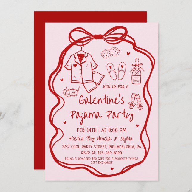Whimsical Hand Drawn Galentine's Pajama Party  Invitation (Front/Back)