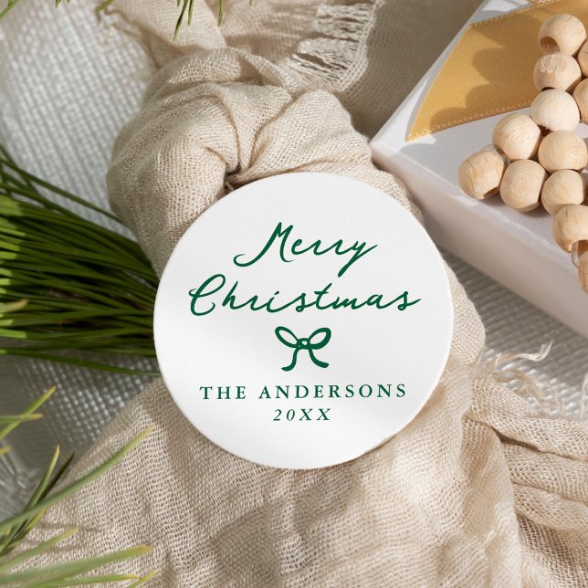 Whimsical Hand-Drawn Green Bow Christmas Classic Round Sticker (Creator Uploaded)