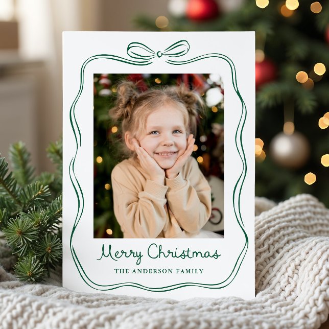 Whimsical Hand-Drawn Green Bow Frame 2 Photo Holiday Card (Creator Uploaded)