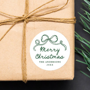 Whimsical Hand-Drawn Green Bow Merry Christmas Classic Round Sticker