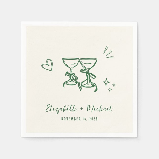 Whimsical Hand Drawn Green Cream Wedding Napkin (Front)