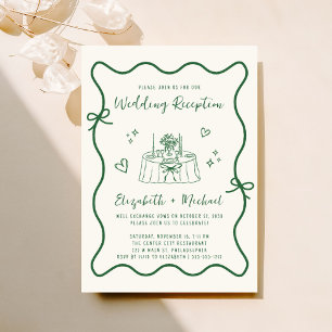 Whimsical Hand Drawn Green Cream Wedding Reception Invitation