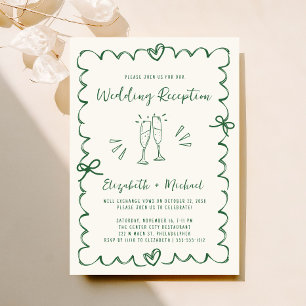 Whimsical Hand Drawn Green Cream Wedding Reception Invitation