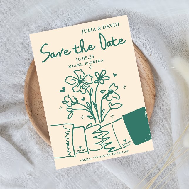 Whimsical Hand Drawn Green Floral Wedding Save The Save The Date (Creator Uploaded)