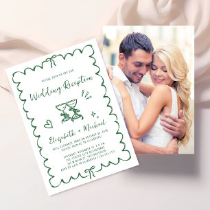 Whimsical Hand Drawn Green Photo Wedding Reception Invitation