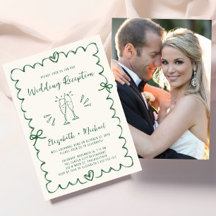 Whimsical Hand Drawn Green Photo Wedding Reception Invitation